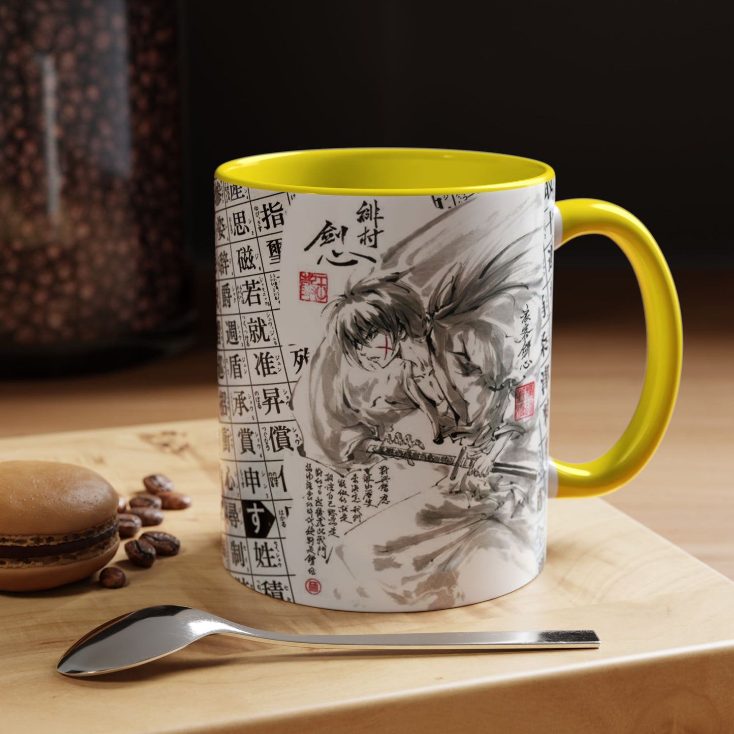 Rurouni Kenshin Kanji Accent Mug – Samurai Anime Color Handle Cup 11oz & 15oz – Japanese Sword Art Gift