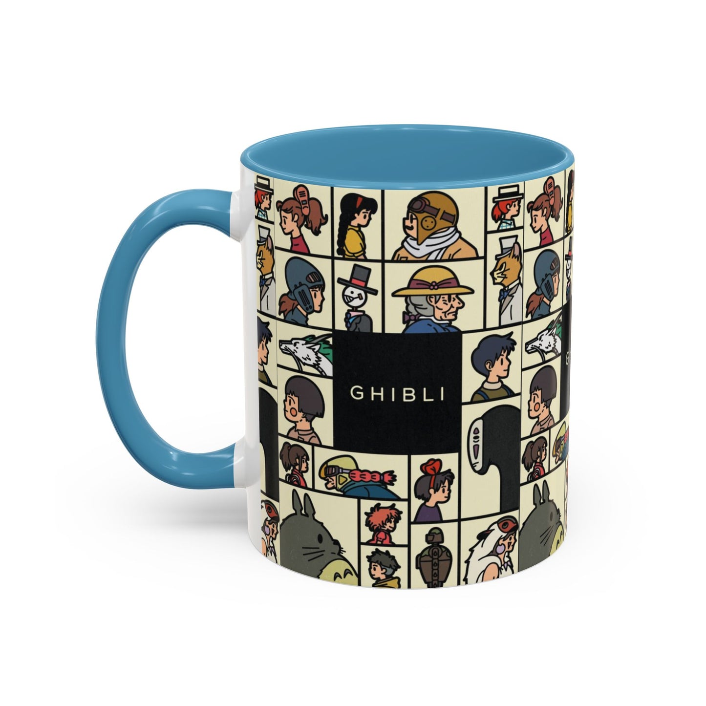 Studio Ghibli Characters Sketch Accent Mug – 11oz & 15oz Anime Coffee Cup with Color Handle