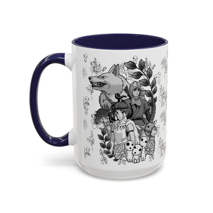 Princess Mononoke Black and White Accent Mug – Studio Ghibli Coffee Cup with Colored Handle – 11oz & 15oz Ceramic Anime Gift