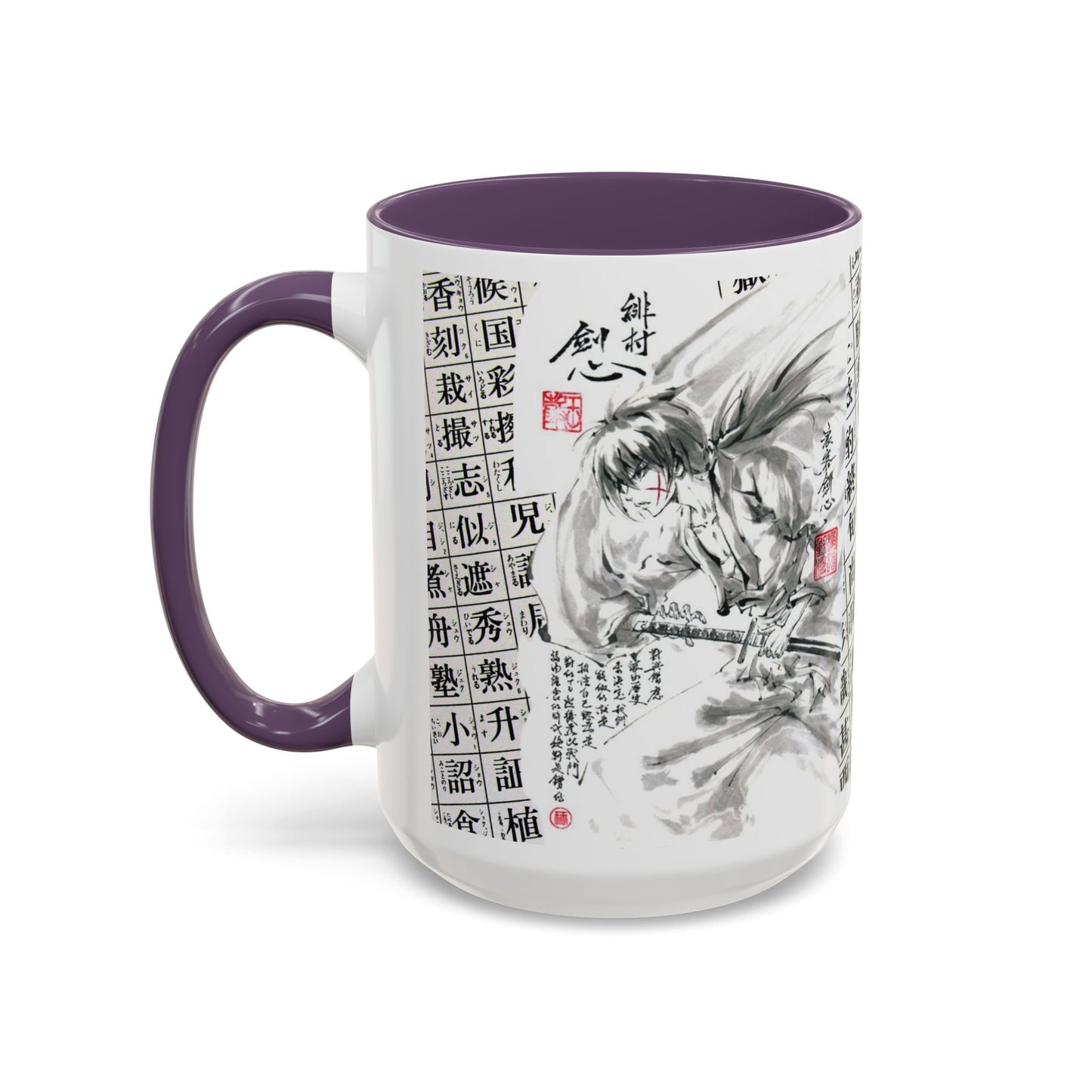 Rurouni Kenshin Kanji Accent Mug – Samurai Anime Color Handle Cup 11oz & 15oz – Japanese Sword Art Gift