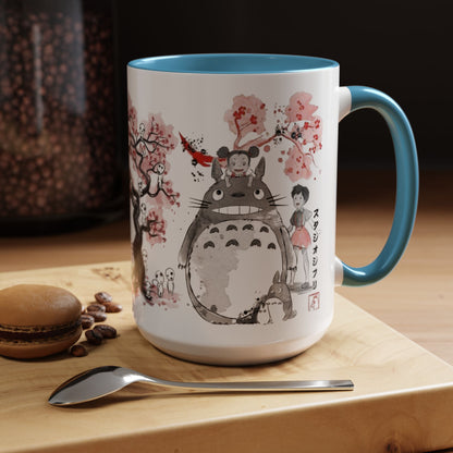 Totoro Sakura Forest Accent Mug – Color Handle Anime Cup 11oz & 15oz – Studio Ghibli Aesthetic Gift