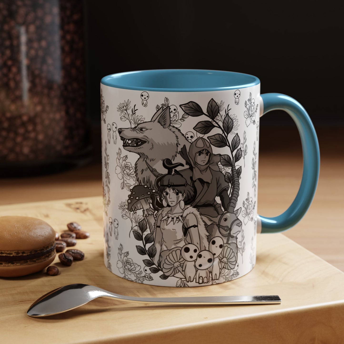 Princess Mononoke Black and White Accent Mug – Studio Ghibli Coffee Cup with Colored Handle – 11oz & 15oz Ceramic Anime Gift