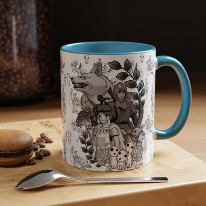 Princess Mononoke Black and White Accent Mug – Studio Ghibli Coffee Cup with Colored Handle – 11oz & 15oz Ceramic Anime Gift