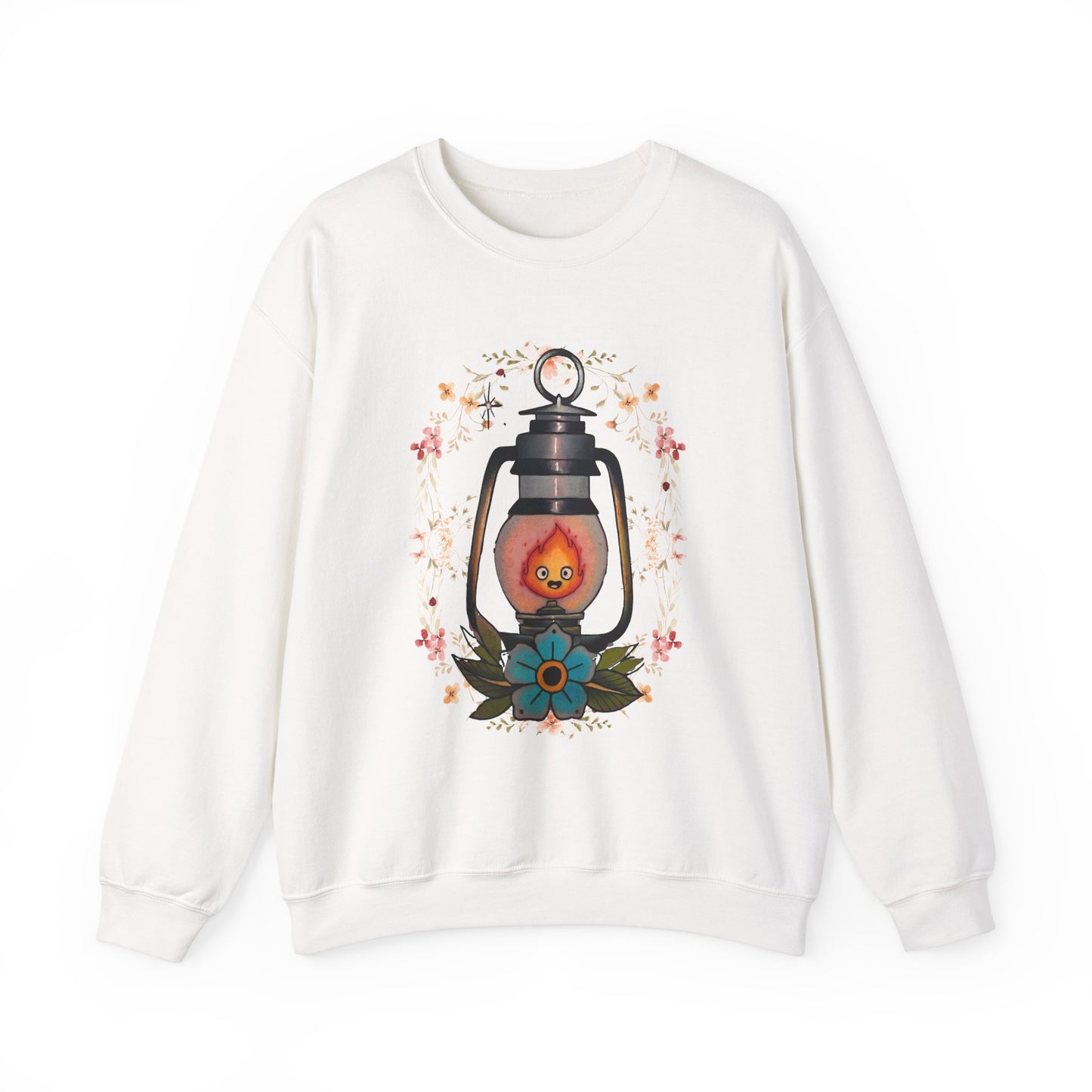 Calcifer Lamp Flowers Sweatshirt – Cozy 100% Cotton Howl’s Moving Castle Anime Pullover