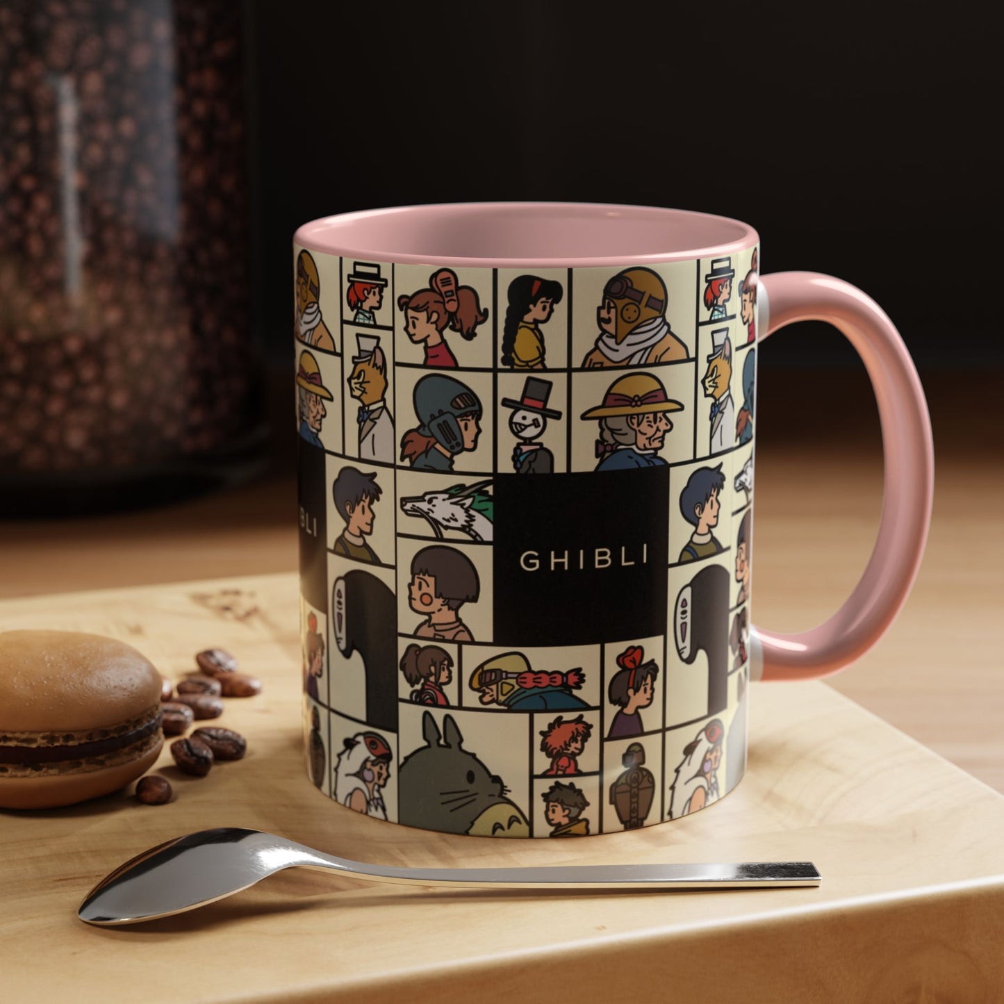 Studio Ghibli Characters Sketch Accent Mug – 11oz & 15oz Anime Coffee Cup with Color Handle
