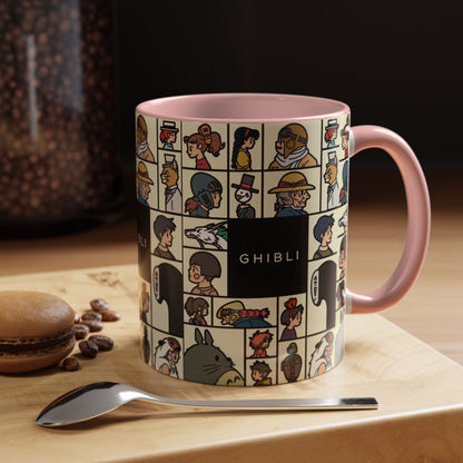 Studio Ghibli Characters Sketch Accent Mug – 11oz & 15oz Anime Coffee Cup with Color Handle