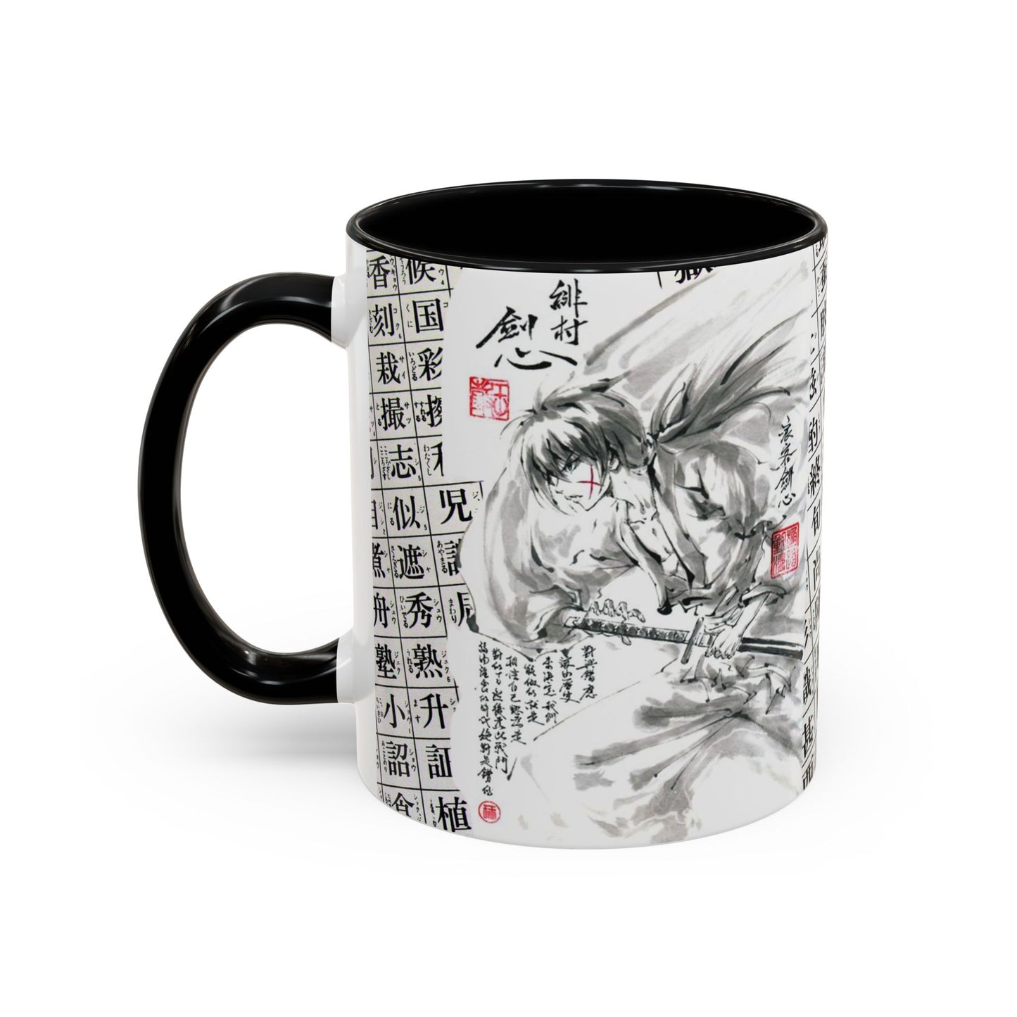 Rurouni Kenshin Kanji Accent Mug – Samurai Anime Color Handle Cup 11oz & 15oz – Japanese Sword Art Gift