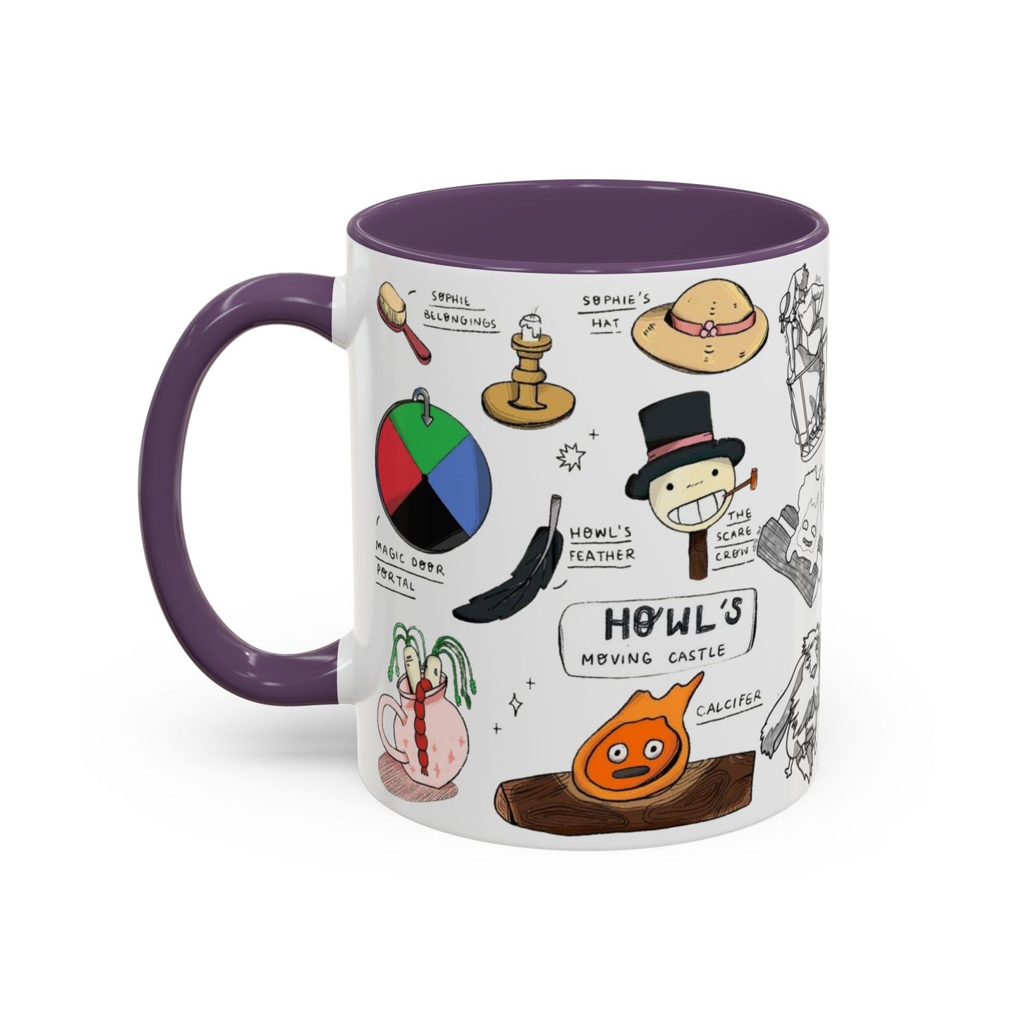 Howl’s Moving Castle Accent Mug – Ghibli Collage Color Handle Cup 11oz & 15oz – Anime Coffee Mug Featuring Howl & Calcifer