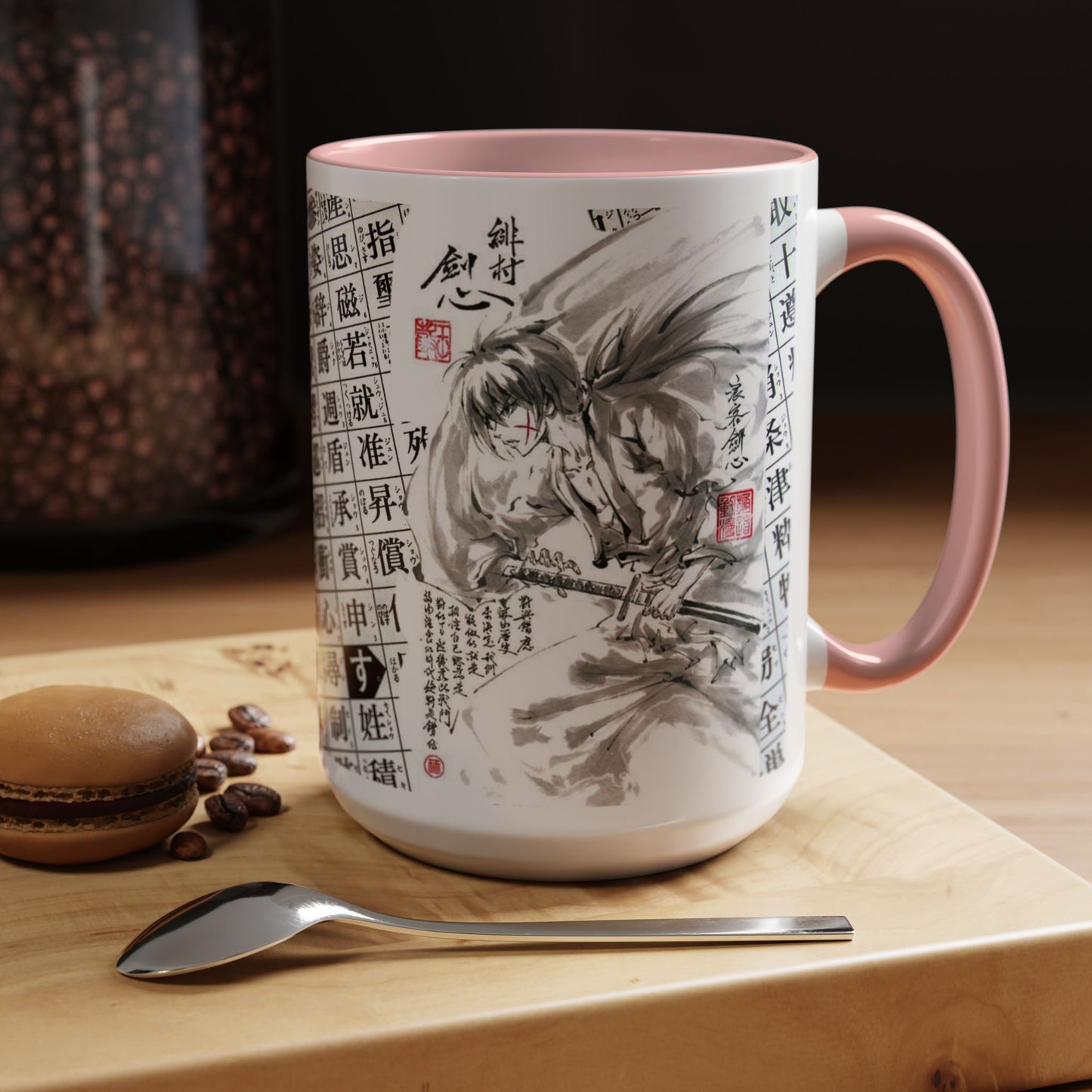 Rurouni Kenshin Kanji Accent Mug – Samurai Anime Color Handle Cup 11oz & 15oz – Japanese Sword Art Gift