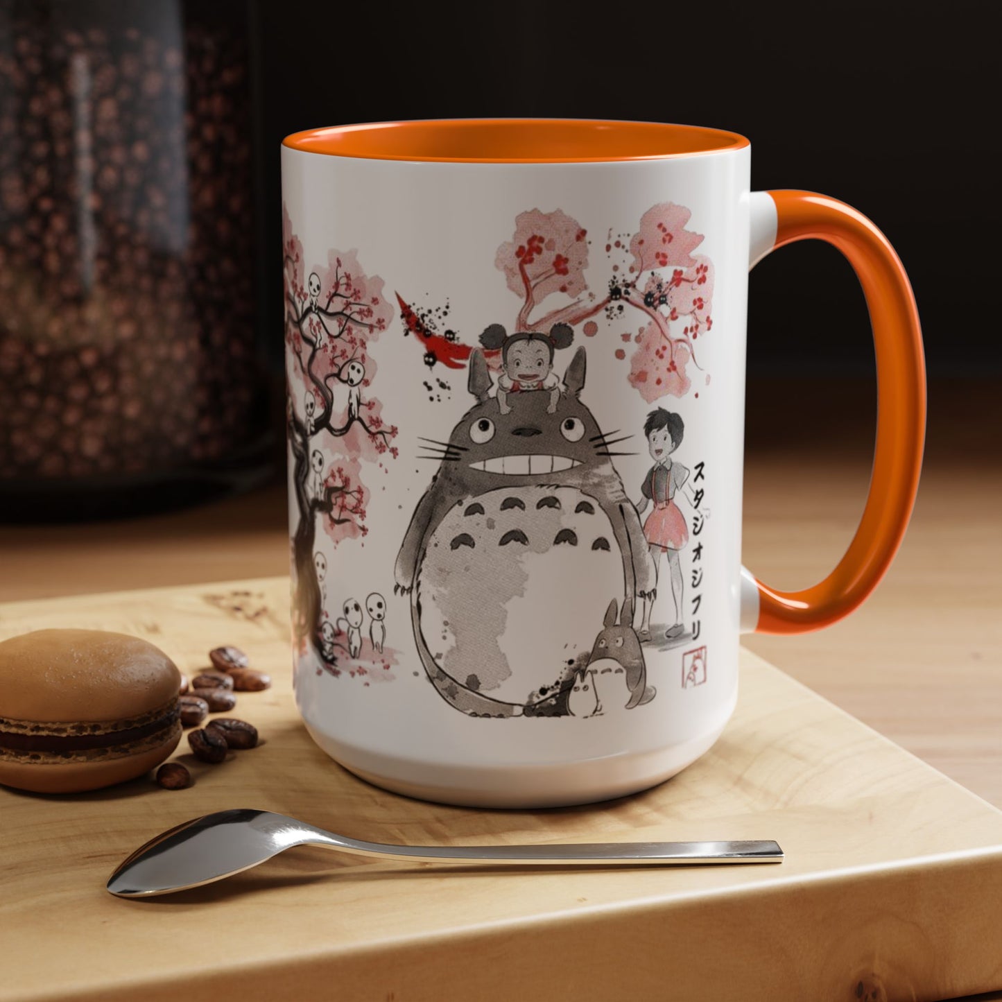 Totoro Sakura Forest Accent Mug – Color Handle Anime Cup 11oz & 15oz – Studio Ghibli Aesthetic Gift
