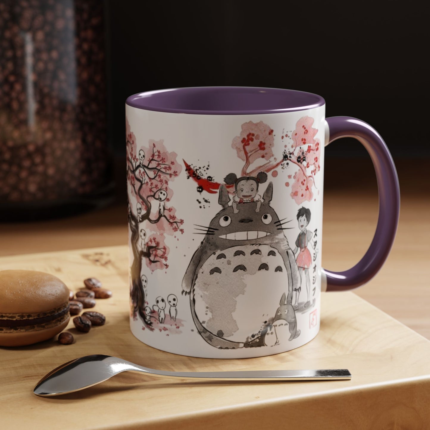 Totoro Sakura Forest Accent Mug – Color Handle Anime Cup 11oz & 15oz – Studio Ghibli Aesthetic Gift