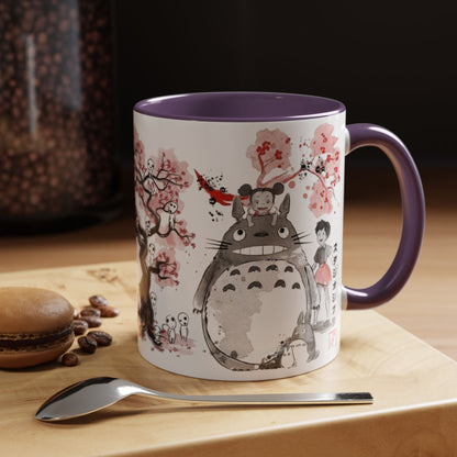 Totoro Sakura Forest Accent Mug – Color Handle Anime Cup 11oz & 15oz – Studio Ghibli Aesthetic Gift