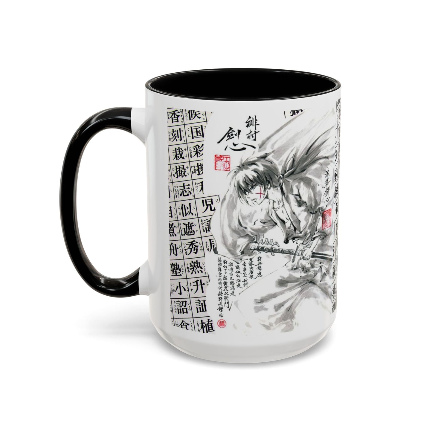 Rurouni Kenshin Kanji Accent Mug – Samurai Anime Color Handle Cup 11oz & 15oz – Japanese Sword Art Gift
