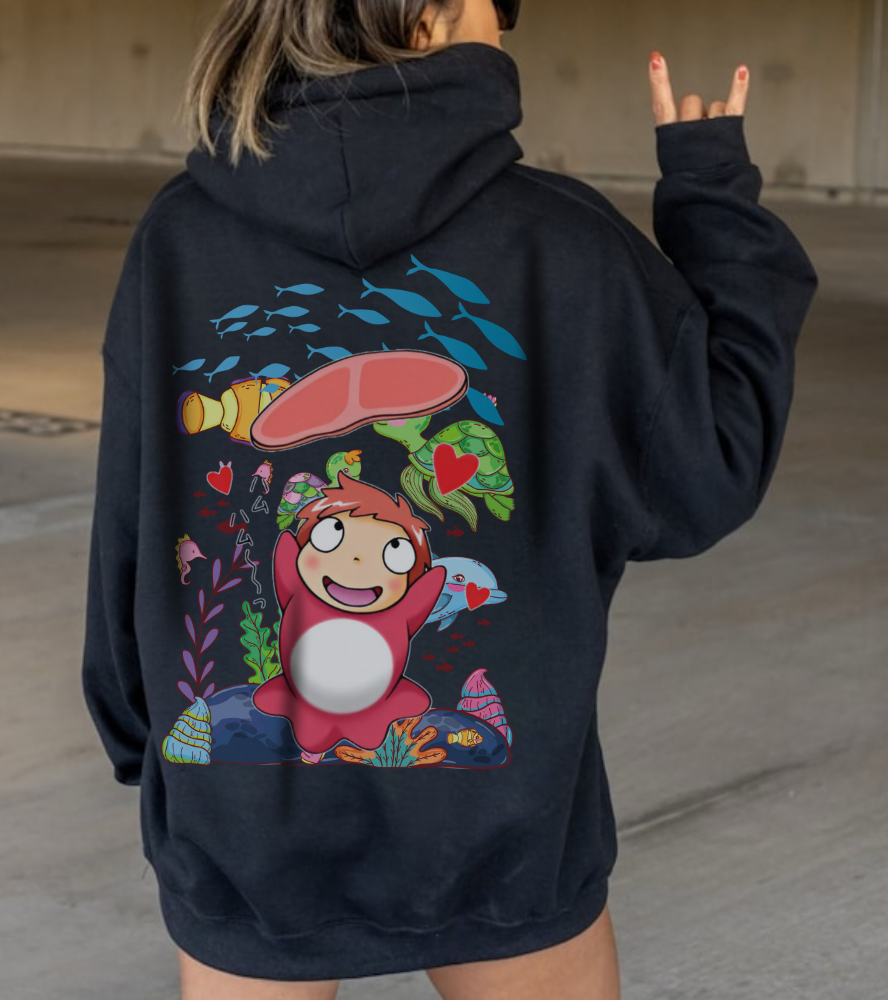 Ponyo Jam Back Print Hoodie – 100% Cotton Studio Ghibli Anime Sweatshirt for Fan