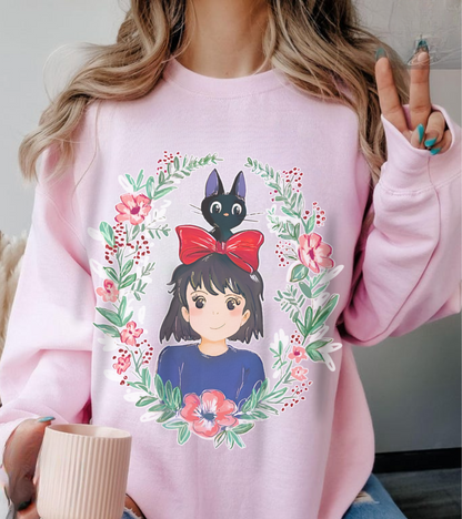 Kiki’s Delivery Service Flowers Sweatshirt – Cozy 100% Cotton Studio Ghibli Pullover for Anime Fans