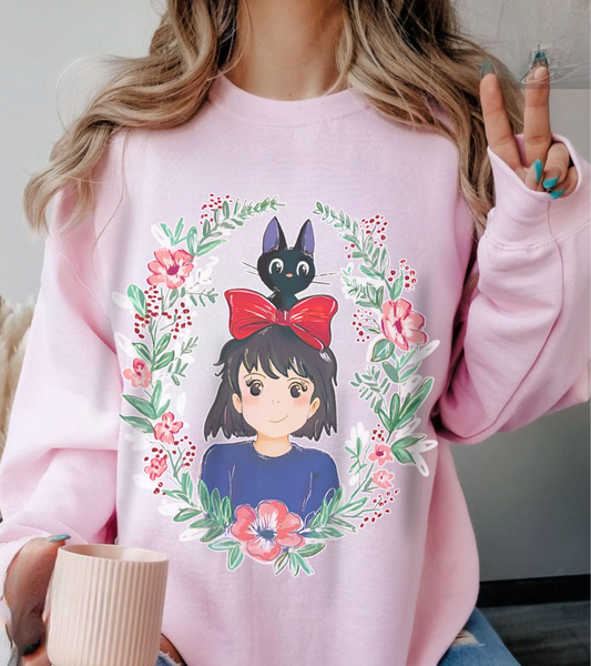 Kiki’s Delivery Service Flowers Sweatshirt – Cozy 100% Cotton Studio Ghibli Pullover for Anime Fans