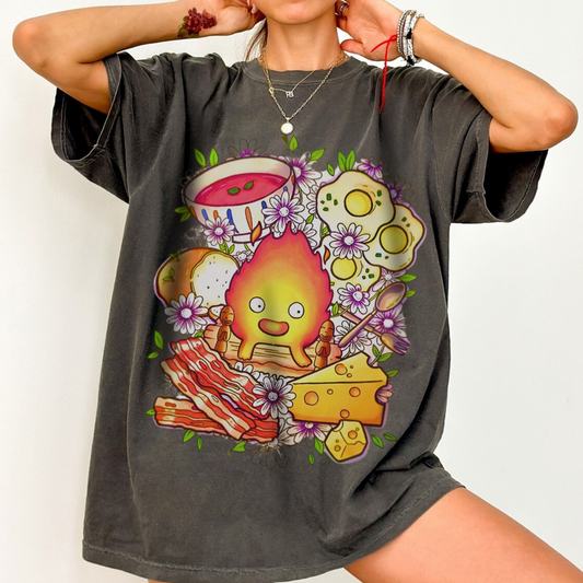 Calcifer Breakfast Ghibli Art T-Shirt | 100% Cotton Howl’s Moving Castle Tee