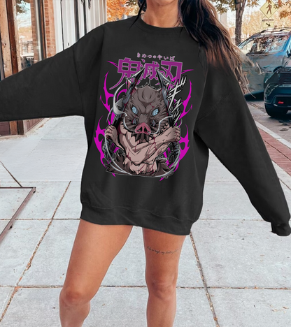 Inosuke Hashibira Demon Slayer Sweatshirt – 100% Cotton Anime Pullover for Boar Head Fans
