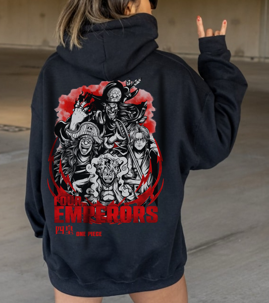 Four Emperors One Piece Back Print Hoodie – 100% Cotton Anime Pullover Featuring Yonko Legends