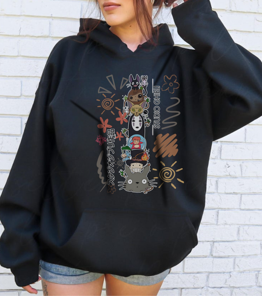 Studio Ghibli Characters Sketch Hoodie – 100% Cotton Anime Hoodie Featuring Totoro, Kiki, and More