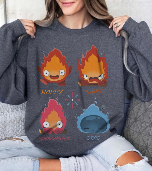 Calcifer Funny Faces Sweatshirt – 100% Cotton Howl’s Moving Castle Pullover for Studio Ghibli Fans