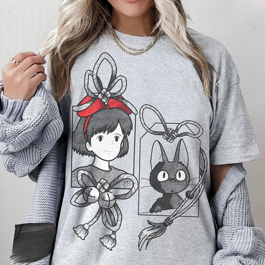 Kiki and Jiji Ribbon T-Shirt 100% Cotton | Studio Ghibli Anime Tee