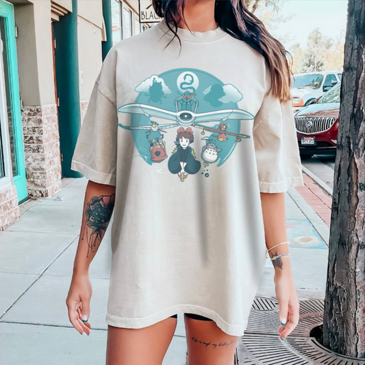 Flying Ghibli Characters T-Shirt – 100% Cotton Anime Tee for Studio Ghibli Fans
