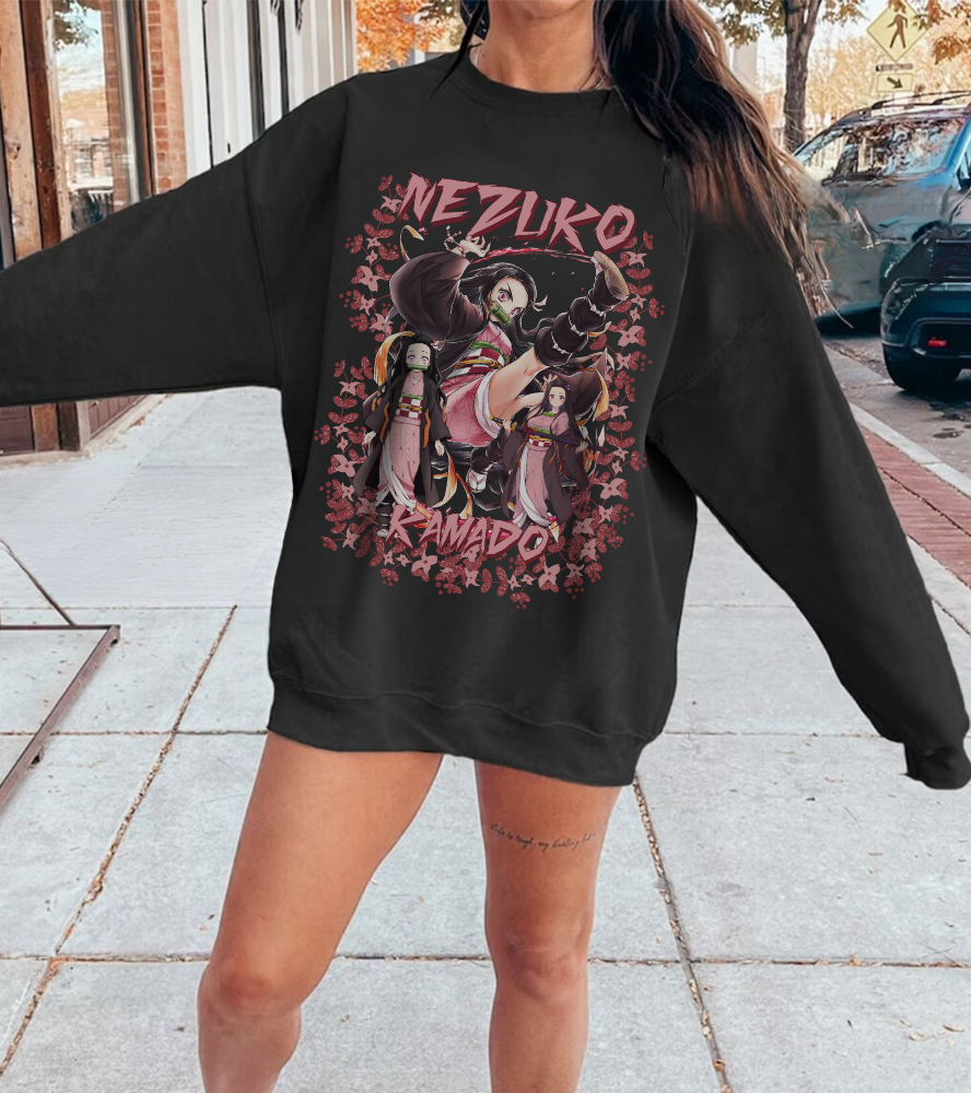 Nezuko Kamado Pink Flowers Sweatshirt – 100% Cotton Demon Slayer Anime Pullover