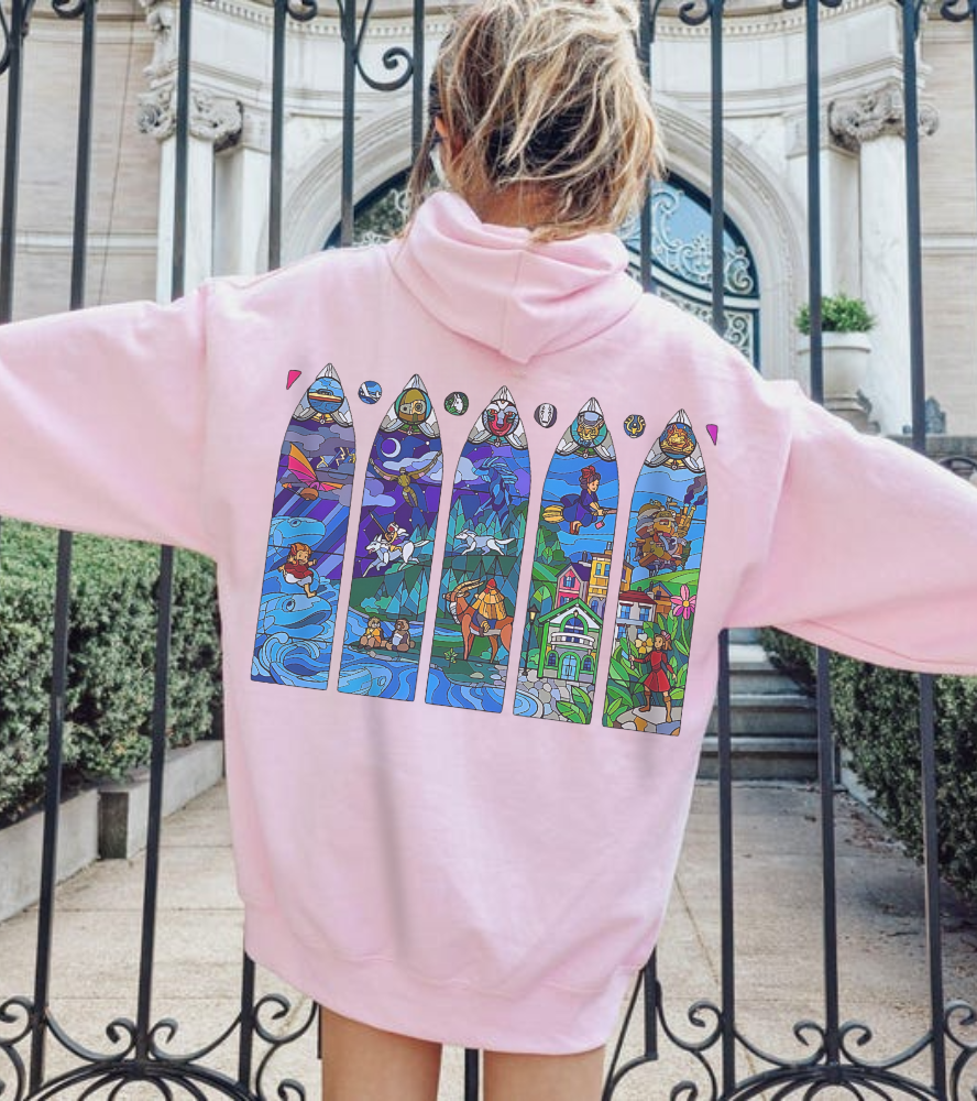 Studio Ghibli Stained Glass Back Print Hoodie – 100% Cotton Anime Hoodie with Vitral-Inspired Design
