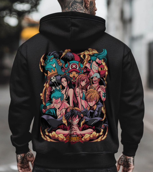 One Piece Characters Back Print Hoodie – 100% Cotton Anime Pullover Featuring Straw Hat Crew