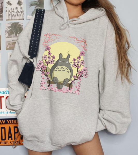 Totoro Sakura Moon Hoodie – 100% Cotton Studio Ghibli-Inspired Cherry Blossom Anime Sweatshirt