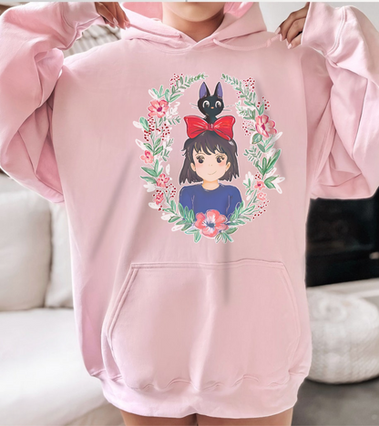 Kiki’s Delivery Service Flowers Hoodie – 100% Cotton Studio Ghibli Sweatshirt for Anime Fans