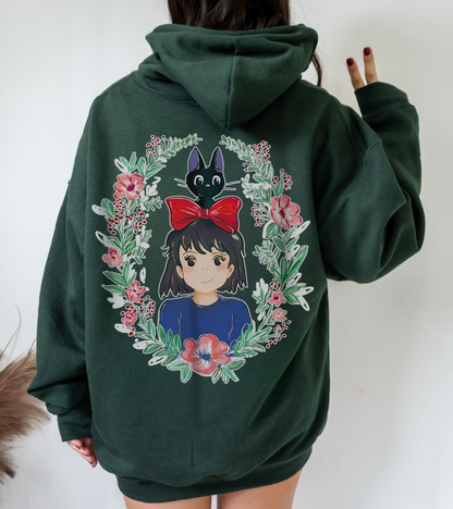 Kiki’s Delivery Service Floral Back Print Hoodie – 100% Cotton Studio Ghibli Anime Sweatshirt