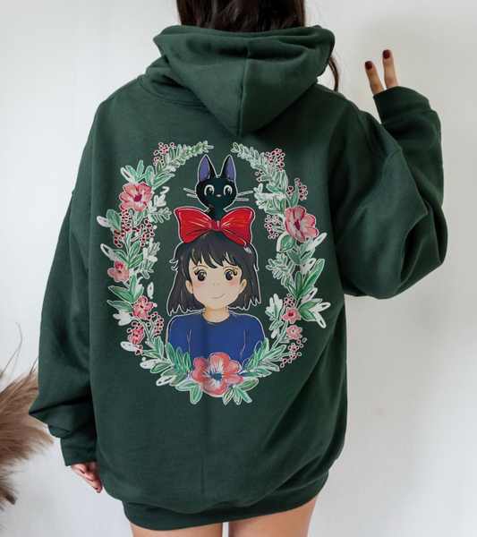 Kiki’s Delivery Service Floral Back Print Hoodie – 100% Cotton Studio Ghibli Anime Sweatshirt