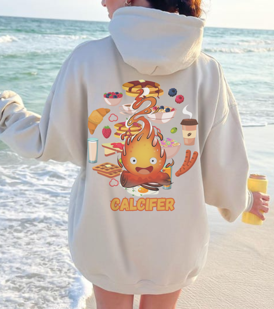 "Calcifer Breakfast Demon Hoodie – 100% Cotton, Studio Ghibli Inspired Back Print Sweatshirt"