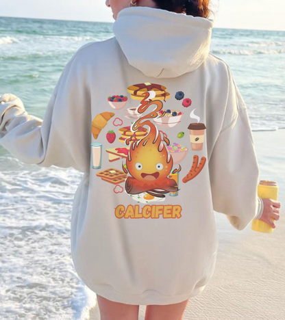 "Calcifer Breakfast Demon Hoodie – 100% Cotton, Studio Ghibli Inspired Back Print Sweatshirt"