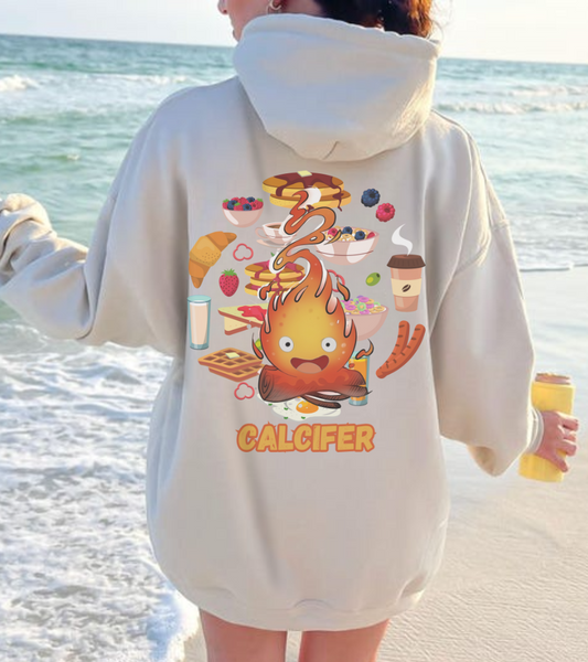 "Calcifer Breakfast Demon Hoodie – 100% Cotton, Studio Ghibli Inspired Back Print Sweatshirt"