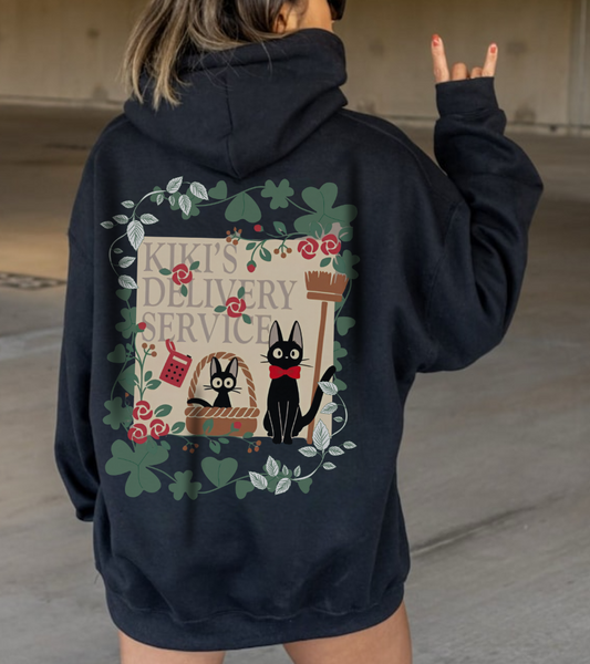 Kiki’s Delivery Service Back Print Hoodie – 100% Cotton Studio Ghibli Hoodie Featuring Kiki and Jiji
