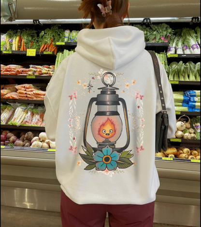 Calcifer Lamp Flowers Back Print Hoodie – 100% Cotton Studio Ghibli Inspired Sweatshirt