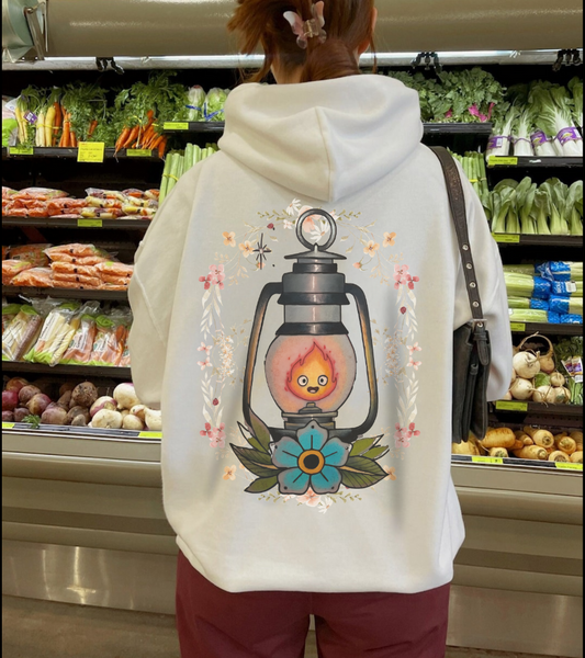Calcifer Lamp Flowers Back Print Hoodie – 100% Cotton Studio Ghibli Inspired Sweatshirt