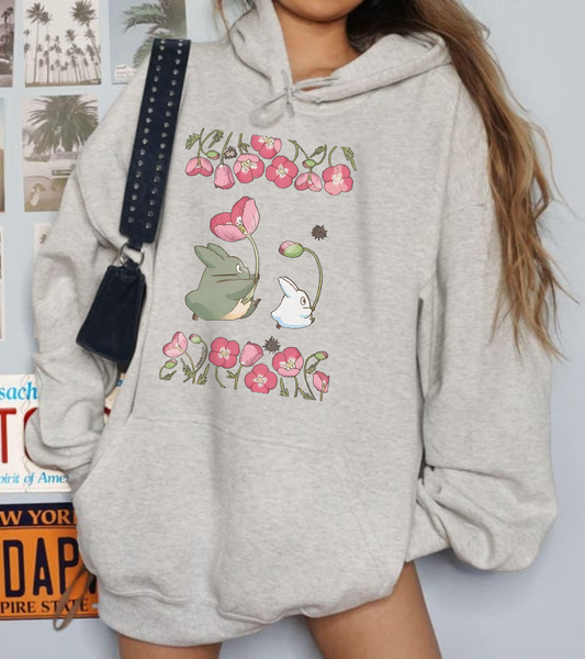 Totoro Cute Flowers Hoodie – 100% Cotton Studio Ghibli Inspired Sweatshirt for Anime Lovers