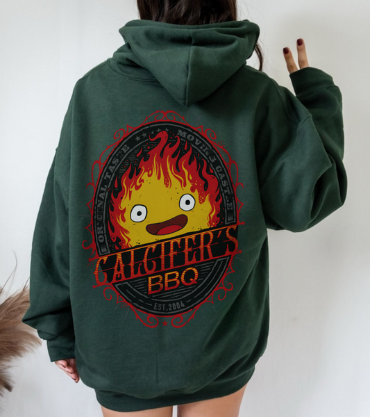 Calcifer BBQ Demon Flame Back Print Hoodie – 100% Cotton Studio Ghibli Fire Demon Hoodie