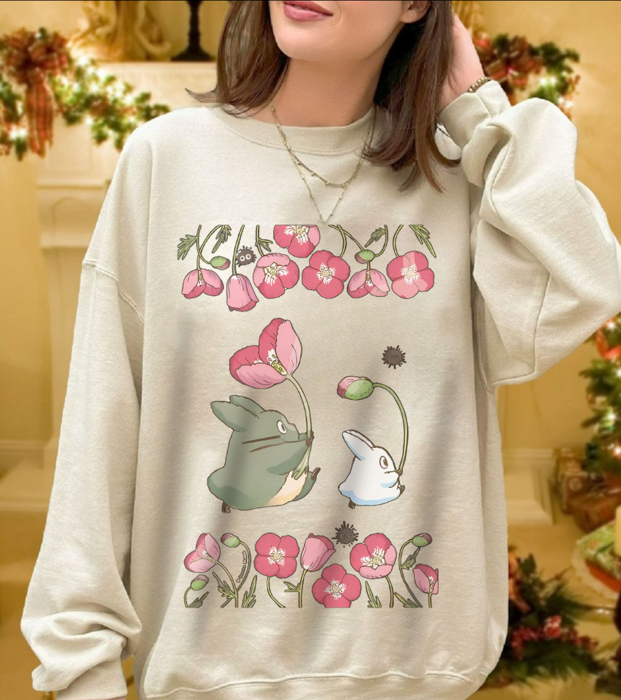 Totoro Cute Flowers Sweatshirt – 100% Cotton Studio Ghibli Cozy Anime Pullover