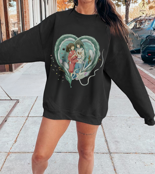 Chihiro and Haku Love Sweatshirt – 100% Cotton Spirited Away Anime Pullover for Studio Ghibli Fans