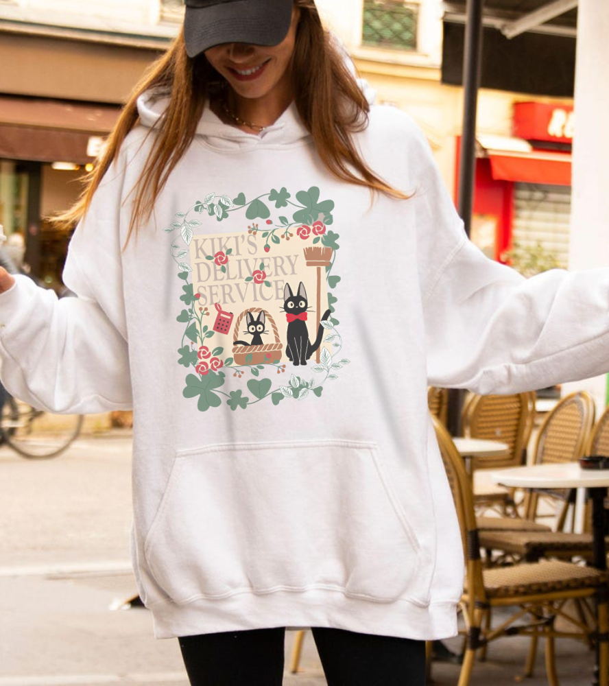 Kiki’s Delivery Service Hoodie – 100% Cotton Studio Ghibli Hoodie with Kiki and Jiji Design