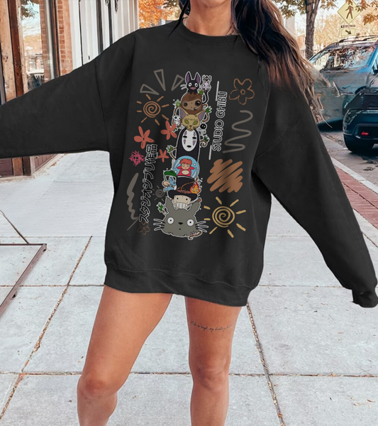 Studio Ghibli Characters Sketch Sweatshirt – 100% Cotton Pullover Featuring Iconic Anime Characters