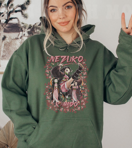 Nezuko Kamado Pink Flowers Hoodie – 100% Cotton Demon Slayer Anime Hoodie for Fans