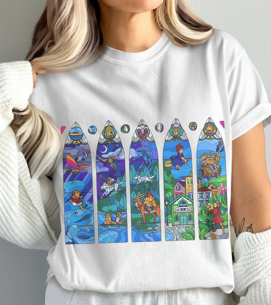 Studio Ghibli Stained Glass T-Shirt – 100% Cotton Anime Tee with Vitral-Inspired Art