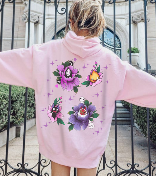 Studio Ghibli Flowers Back Print Hoodie – 100% Cotton Floral Anime Sweatshirt