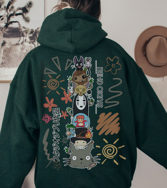 Studio Ghibli Back Print Hoodie – 100% Cotton Sketch Design Featuring Iconic Anime Characters
